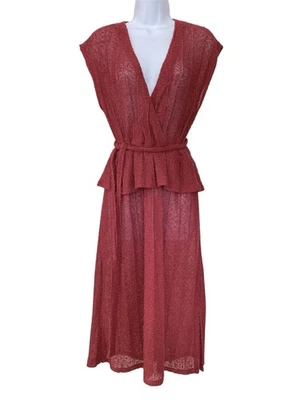 Vintage 70s Boho Sheer Knit Cranberry Peplum Deep V Faux Wrap Midi Dress S/4/6 - Image 1 of 4