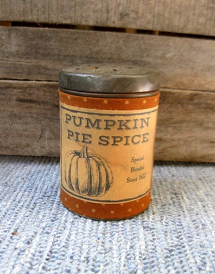 Antique Tin Sugar Shaker Muffineer Calico Sleeve Pumpkin Pie Spice Label - Image 1 of 4