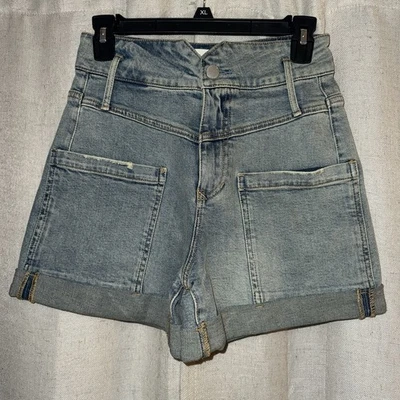 Pantalones cortos de mezclilla de tiro alto para mujer Dear John elásticos calce curvilíneo talla 25 lavado claro Foto 1 de 4