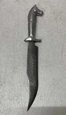 Vintage 5.25" Mexican Souvenir Bowie Knife With Etched Blade Horse Head Pommel - Image 1 of 4