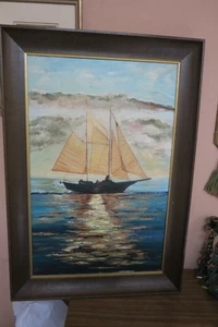 Vintage Signed Marvel 67 Original Oil  Canvas Painting Winter Seascape Sailboat - Picture 1 of 10