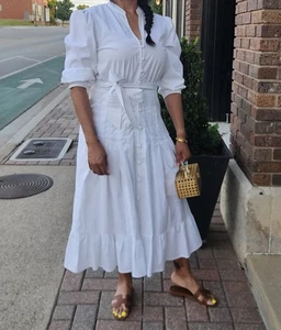 Shoshanna Blanco Ojales Encaje Corbata Cinturón Manga Abullonada Midi Camisa Vestido Talla 6 - Imagen 1 de 13