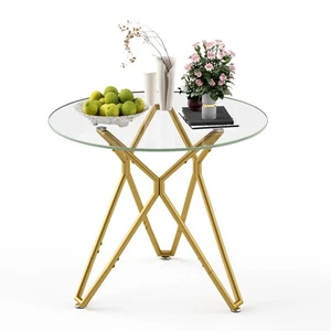 Modern 35.4" Round Tempered Glass Dining Table Kitchen Table w/Gold Metal Legs - Picture 1 of 13