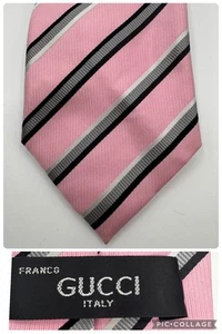 Gucci Mens 100% Silk Necktie Tie Handmade Pink Striped Preppy - Picture 1 of 7