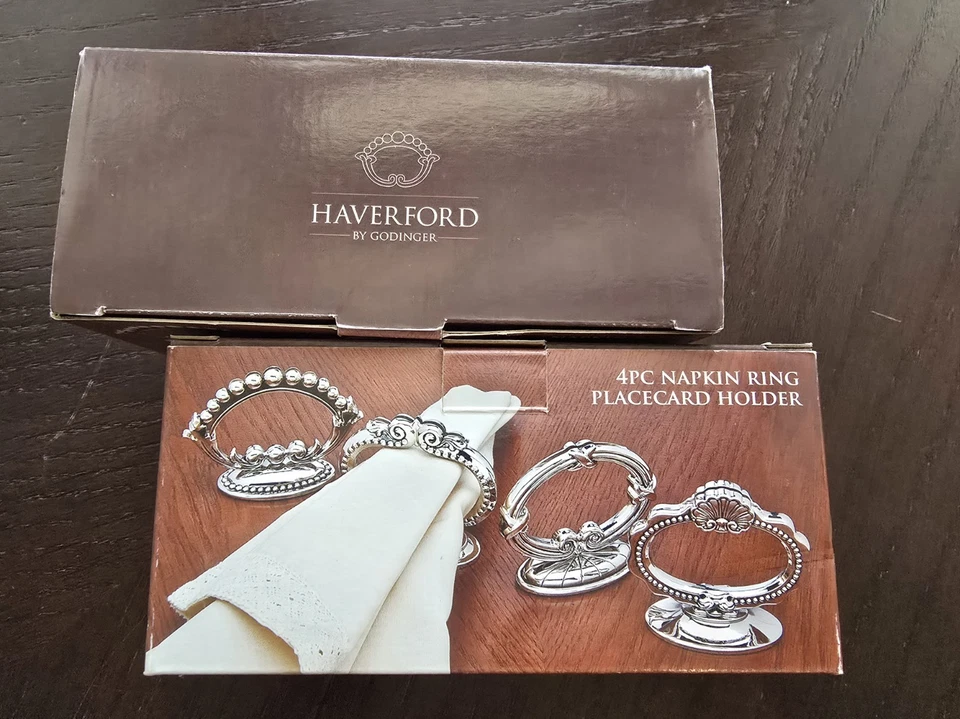 ¡NUEVO! Portatarjetas con anillo de servilleta Haverford By Godinger de 4 piezas Foto 1 de 4