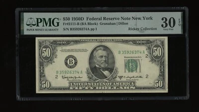 DBR 1950-D $50 FRN New York Fr. 2111-B PMG 30 EPQ Serial B35926374A - Image 1 of 2