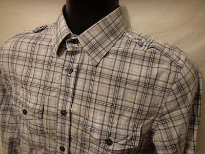 Express Fitted Light Blue & Brown Plaid L/S sz S Button Front 100% Cotton - Image 1 of 4