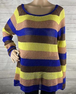 Suéter Blu Pepper Grande Amarillo Tostado Marrón Azul Rayas Anchas Tejido Abierto Raglán Foto 1 de 4
