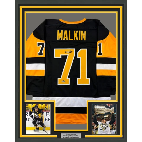 Framed Facsimile Autographed Evgeni Malkin 33x42 Black Reprint Laser Auto Jersey Cover