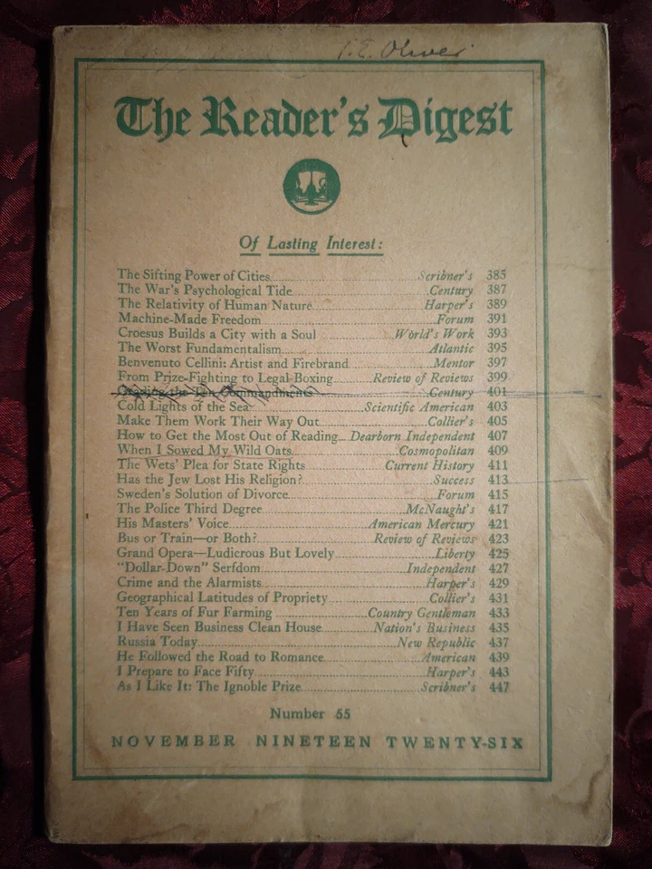 Reader's Digest November 1926 John Erskine Clarence S. Darrow Walter B. Pitkin Foto 1 de 1
