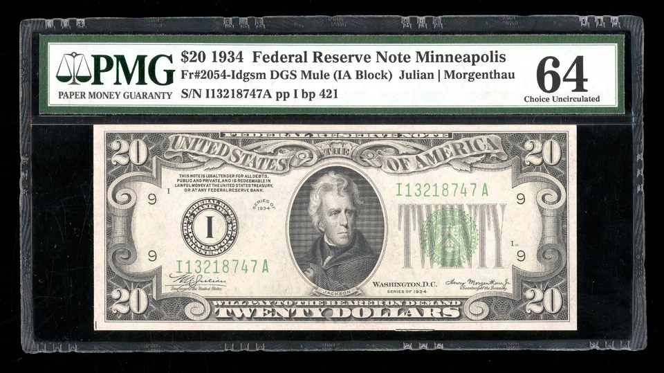DBR 1934 $20 FRN DGS Mule Minneapolis Fr. 2054-Idgsm PMG 64 Serial I13218747A - Image 1 of 2