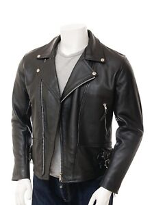 Men's Genuine Leather Biker Jacket Motorcycle Real Cafe Racer Vintage Coat Black