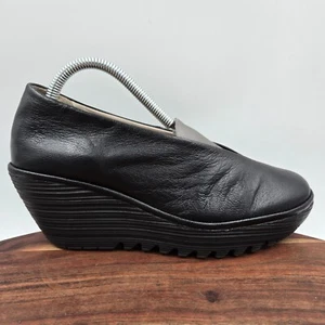 Fly London Yaz Shoes Women's 40 / 9 Black Leather Comfort Platform Wedge Heels - Picture 1 of 13