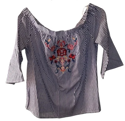 Francesca's Sz M Blue Rain Top Off The Shoulder Blue Stripe Floral Embroidery - Image 1 of 2