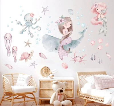 Watercolor Mermaid Whale Turtle Underwater World Removable Wall Decal Sticker - Image 1 of 3