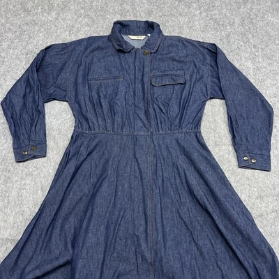 French Navy Denim Dress Womens 15/16 Blue Long Sleeve Zip Up Utility Pockets 90s - Image 1 of 4