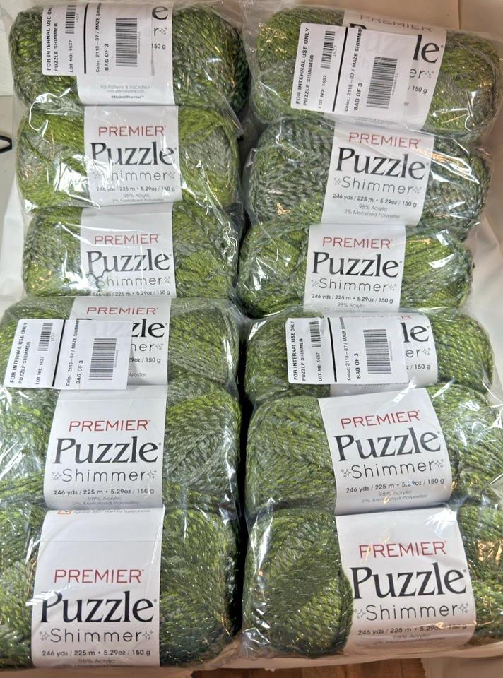 Lot of 12 Skeins Mary Maxim Premier Puzzle Maze Shimmer Green Yarn #2118-07 - Image 1 of 4