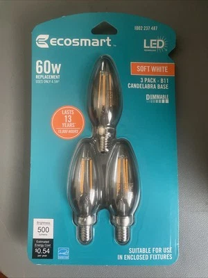 EcoSmart 60-Watt Replacement B11 Dimmable Candelabra Base Energy Star Soft White - Image 1 of 2