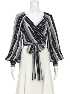 Excellent ZIMMERMANN Women's Black Stripe Silk Wrap Top, Size 1 - Picture 1 of 3