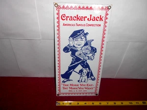 VINTAGE 6x12 in CRACKER JACK SAILOR BOY & DOG PORCELAIN METAL ADV. SIGN - 975A - Picture 1 of 5