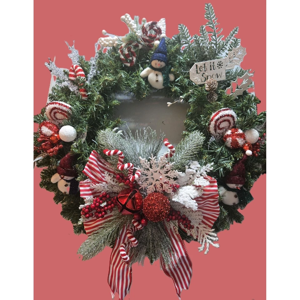 Christmas Wreath Snowman Candy Cane Snowflake Berry Holiday Decor Lighted - Image 1 of 4