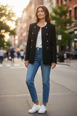 Chaqueta Hecha a Mano Negra Tweed Botón Dorado Estilo Militar Doble Pecho Talla S Foto 1 de 4