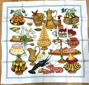 NEW! HERMES Gastronomie Carre 90 silk scarf by Christiane Vauzelles Ivory #m4985 - Picture 1 of 11