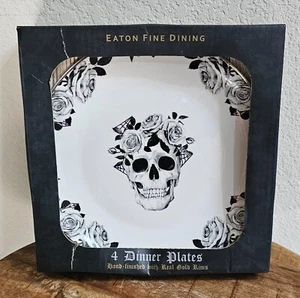 Eaton Fine Dining Halloween Calavera Rosas Red Dorada Juego de 4 Platos de Cena - Nuevo - Imagen 1 de 3