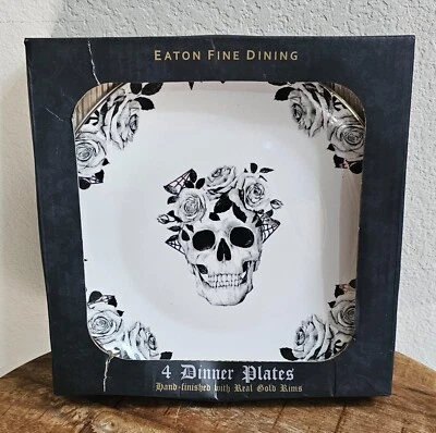 Eaton Fine Dining Halloween Calavera Rosas Red Dorada Juego de 4 Platos de Cena - Nuevo Foto 1 de 3