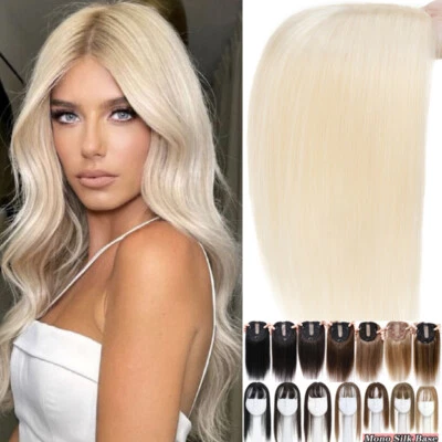 16 Women Clip In 100% Remy Human Hair Hairpiece Silk Mono Base Topper Toupee Wig - Image 1 of 4
