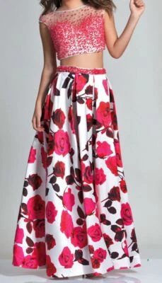 DAVE & JOHNNY Top Corto con Cuentas Floral Falda Larga Rosa 2 Piezas Baile de graduación Formal NUEVO Jrs 0 Foto 1 de 4