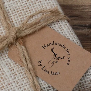 PERSONALISED STAG RUBBER STAMP, HANDMADE BY, CARDS, CRAFTS, WEDDING FAVOURS TAGS - Picture 1 of 4