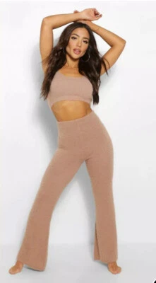 New boohoo Premium Fluffy Crop Top & Wide Leg Trousers Camel Women’s Size Large - Image 1 of 4