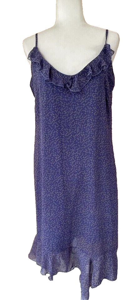 Vestido Mary Mcfadden Verano Sin Mangas Lunares Talla 14 Púrpura Volantes Asimétrico Hada Foto 1 de 4