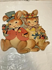 Vtg EASTER BUNNY Couple w Basket Eggs DENNISON Cardboard Decoration Die-Cut 16" - Picture 1 of 10