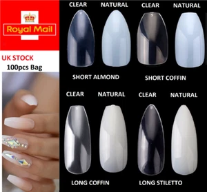 Full Cover False Nails Tips Natural Clear Stiletto Almond Display Coffin uk . - Picture 1 of 11