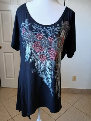 Top Pullover Mujer Negro Atrapasueños Plumas Estrás 1X Goth Rock Moto Foto 1 de 4