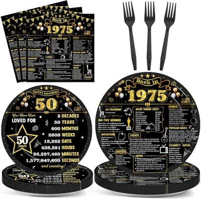 96Pcs 50Th Birthday Plates and Napkins Back in 1975 Party Decorations Black Gold - Image 1 of 4
