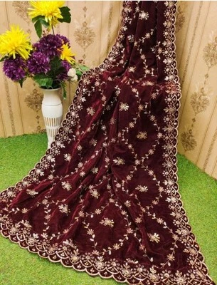 Terciopelo Bordado Dupatta para Mujer Chunni India Étnica Bufanda Estola de Boda Foto 1 de 4