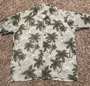 Vtg Hilo Hatties Men's Hawaiian Button Front Shirt L Palm Tree Floral Made USA - Picture 1 of 8