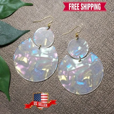 Pendientes grandes iridiscentes multicolores acrílicos boho llamativos, cables de oreja de oro de 18 quilates Foto 1 de 4