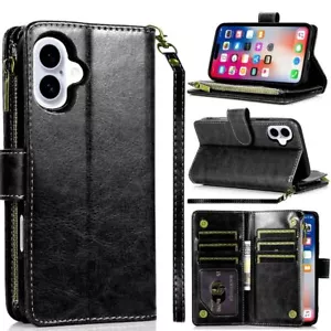 Für iPhone 16 6,1 Zoll Hülle Luxus Handy Brieftasche Ausweis Reißverschluss Halter + Hartglas - Bild 1 von 28