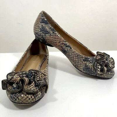 Corso Como Snakeskin Pattern Flats WOMANS Size 6 BEIGE AND BLACK Ruffle Top - Image 1 of 4