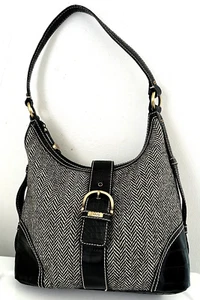 Vintage Chaps Leather Trim Fabric Black/Gray Houndstooth HoboShoulder Bag   Med - Picture 1 of 13