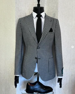 Houndstooth Mens Blazer Slim Fit Jacket Business Casual Evening Party Tuxedos - Picture 1 of 4