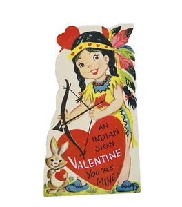 Vintage Valentinskarte Indianer Mädchen Bogen Pfeil Hase gelb Kopfschmuck Schild unbenutzt - Bild 1 von 4