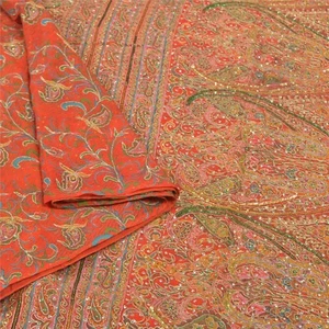 Sanskriti Vintage Red Sarees Art Silk Hand Beaded Premium Zari Sari Fabric - Picture 1 of 9