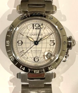 Cartier Pasha GMT Meridian Automatic Watch 2377 Date Silver Dial 35mm B&P - Picture 1 of 5