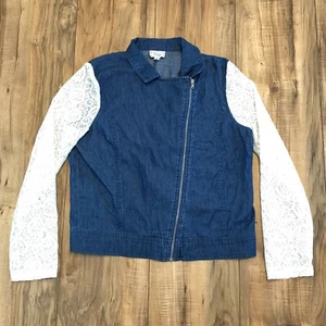 Disney D-Signed Blue Denim White Lace Moto Jacket Full Zip Youth Size L 14/16 - Picture 1 of 12