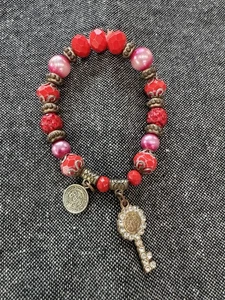 St. Benedict Red Beaded Stretch Bracelet-two Charms - Picture 1 of 3
